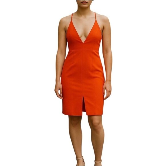 L’ Atiste  Bright Orange Red Plunging Neckline Dress Size Medium - Picture 1 of 7
